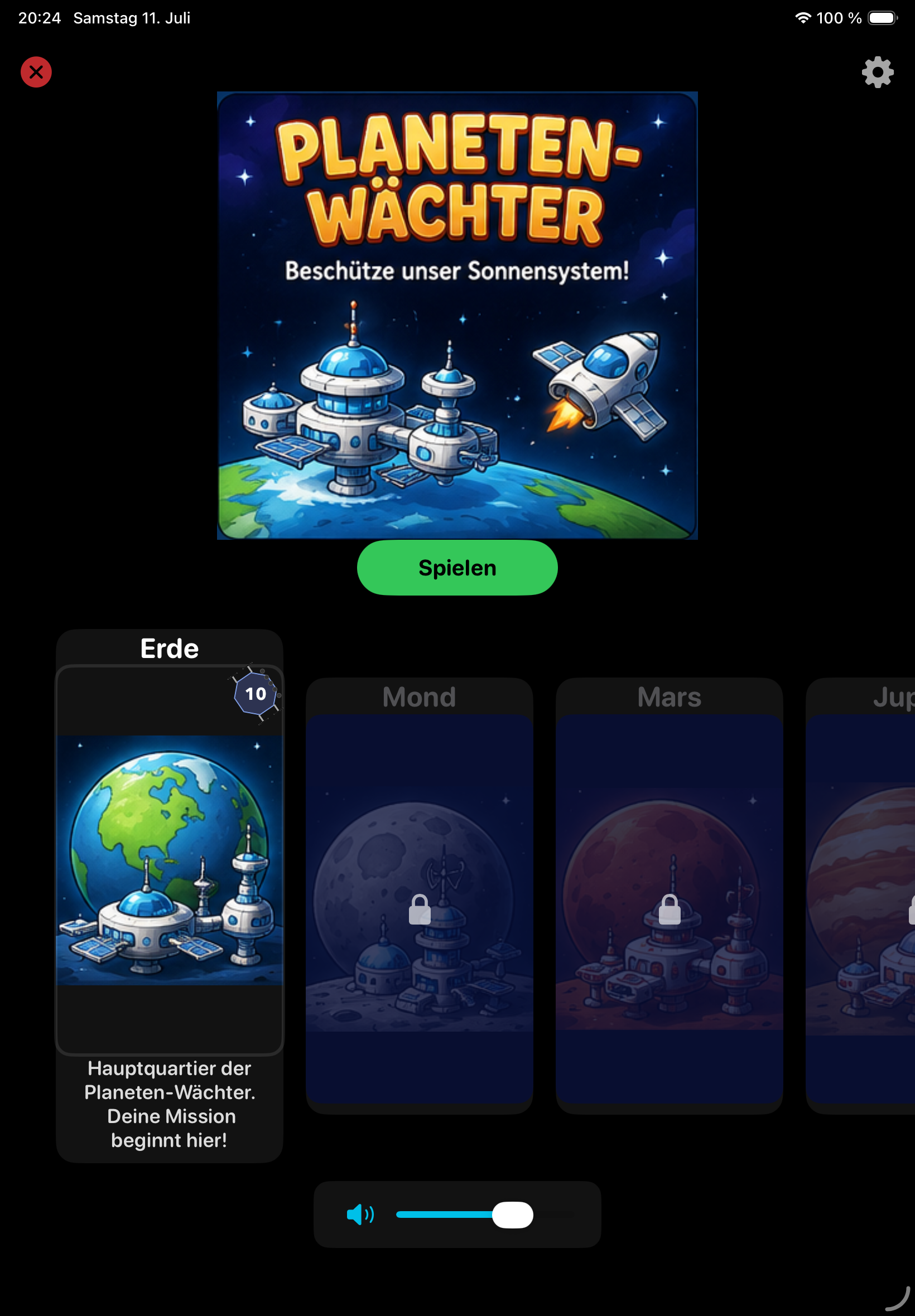 Planeten Wächter: Startbildschirm mit Spielstation und grünem Spielen-Button