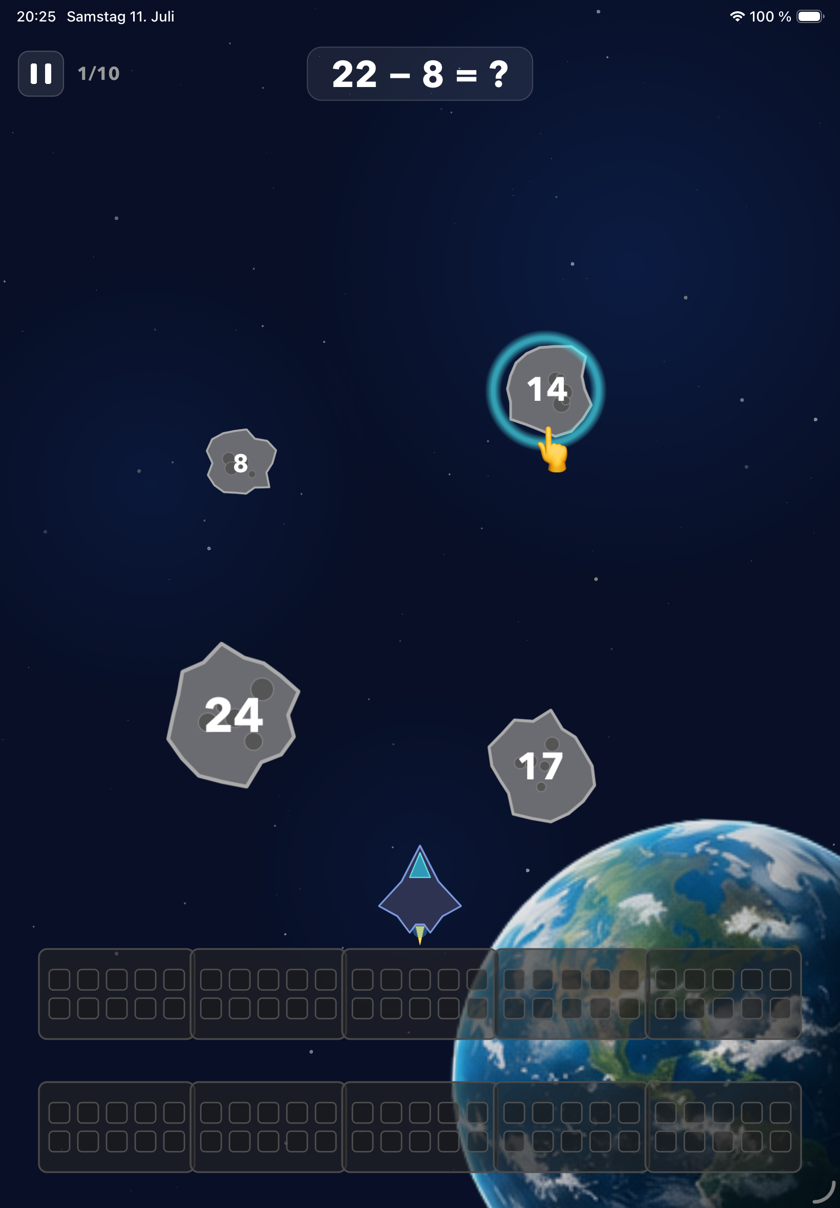 Planeten Wächter: Gameplay mit Matheaufgabe 6+4=? und Antwortoptionen